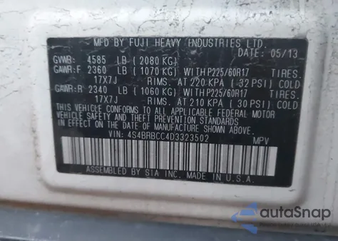 2013 Subaru Outback 2.5I Premium z USA, uszkodzony, nr VIN 4S4BRBCC4D3323502